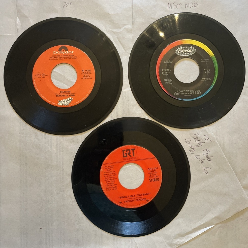 Set of 3 Single 45 RPM Vinyl: 70s Peaches & Herb, Crowded‎ House, Freddy Fender